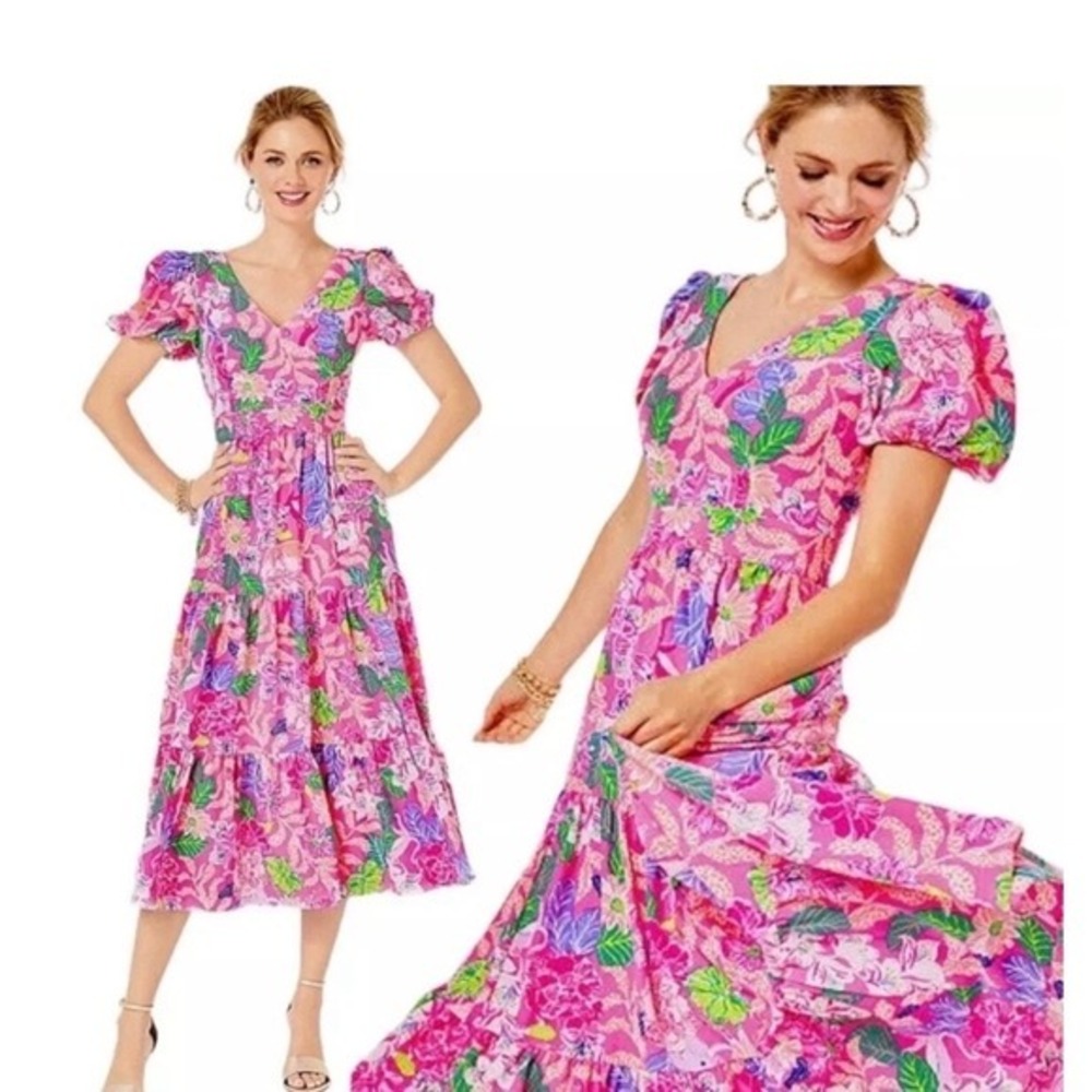 Lilly Pulitzer Grace Midi Dress Pink Isle Best of Friends Tie Back Sz 6 $258 - Picture 2 of 10